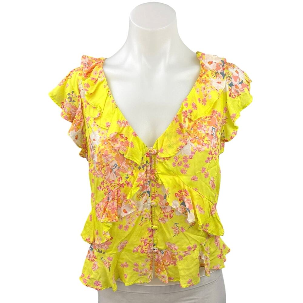 Anthropologie Maeve Yellow Pink Floral Ruffle Deep V Button Up Blouse Top Sz 4